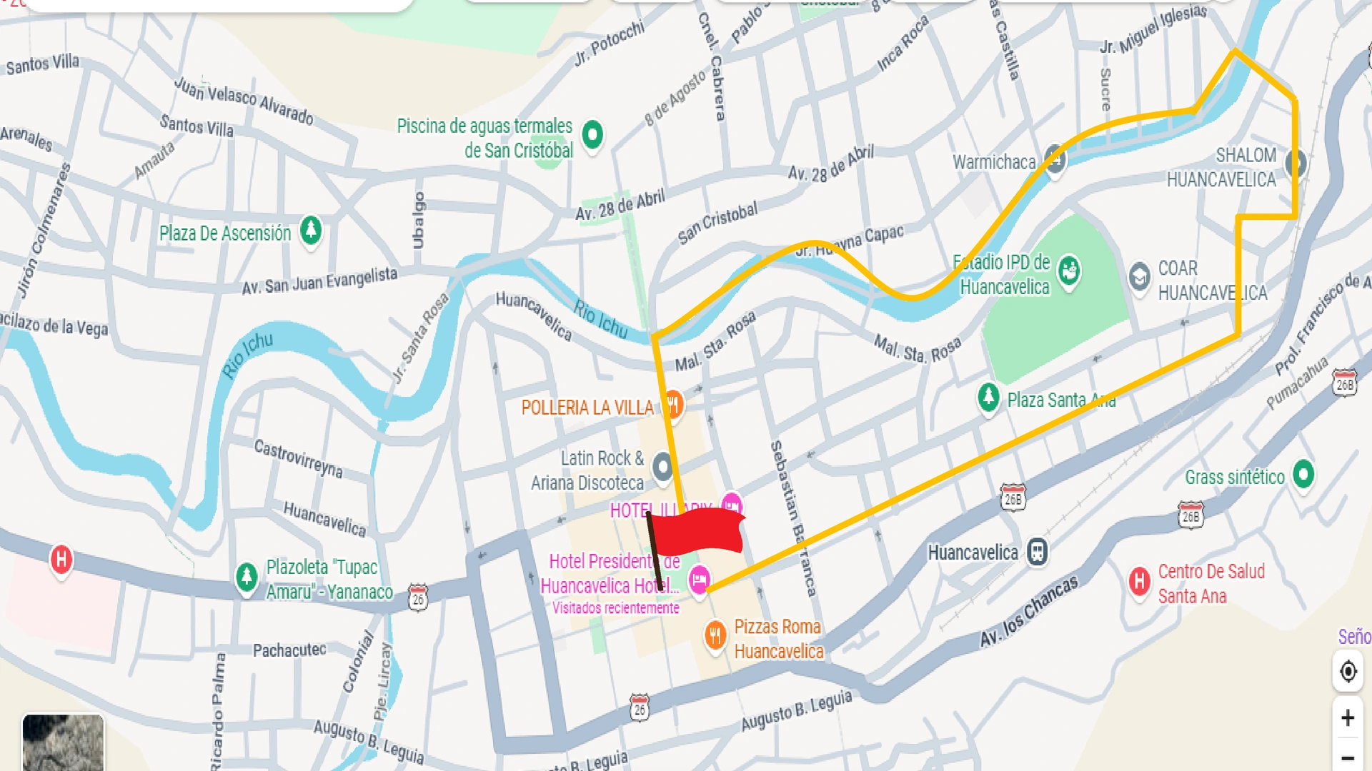 Croquis del circuito 3K por Huancavelica, extraído de la presentación adjunta, con el recorrido señalado en amarillo y una bandera roja